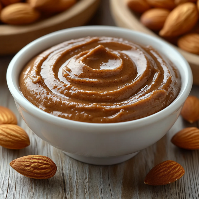 A white ceramic bowl filled with creamy chopped almonds and Asian sauce, surrounded by whole almonds on a wooden surface.